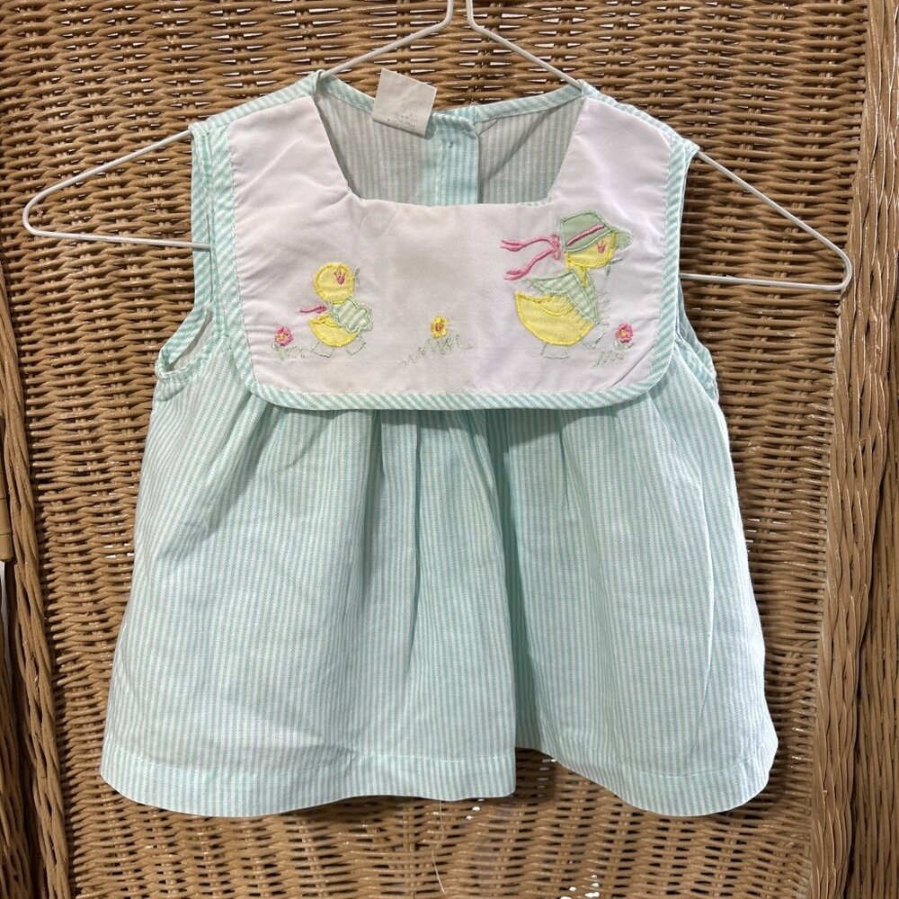 Vintage Infant Girl Dress Duck With Bonnet Baby Chick Aqua Stripe Easter